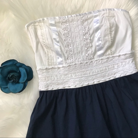 Speechless Navy/White Eyelet Lace Strapless Dress - Picture 2 of 8